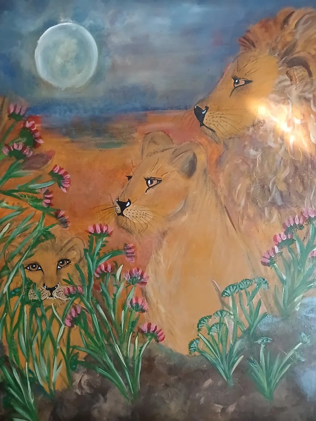 Lion Family Under Moonlight