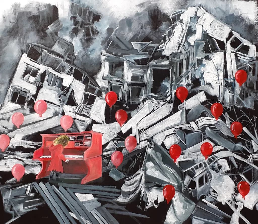 Red Piano Amid Ruins