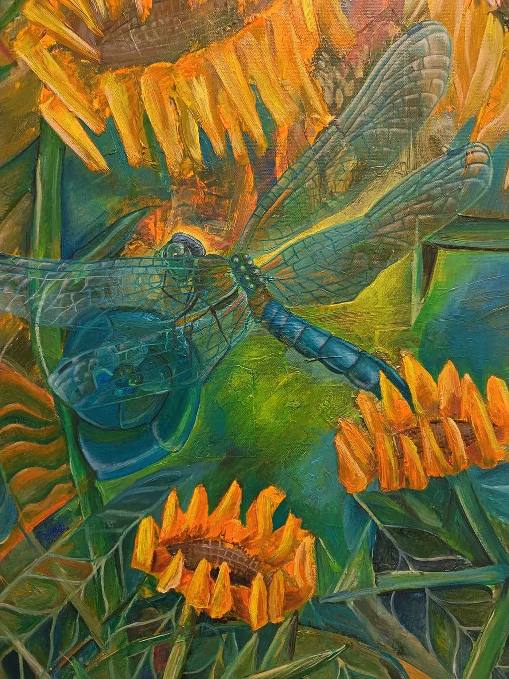 Blue Dragonfly and Sunflowers