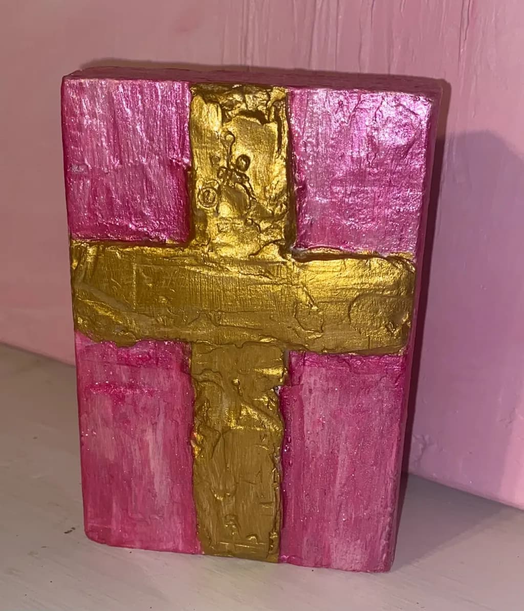 Golden Cross on Pink Block