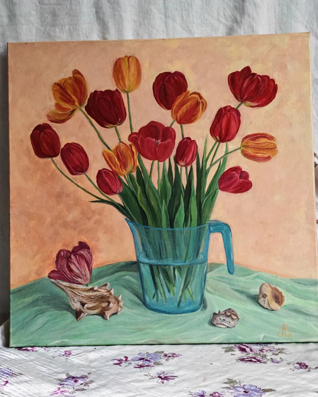 Tulips in Blue Pitcher