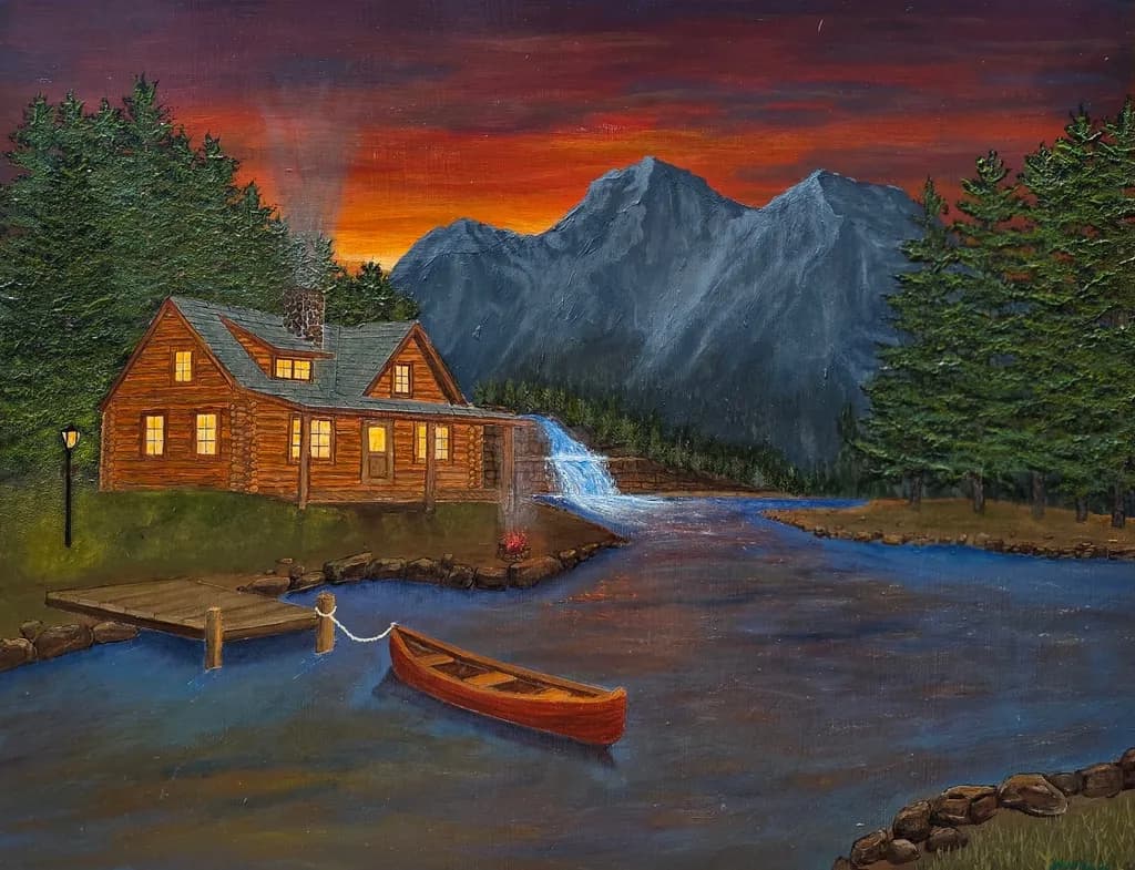 Cabin by River and Mountains Sunset