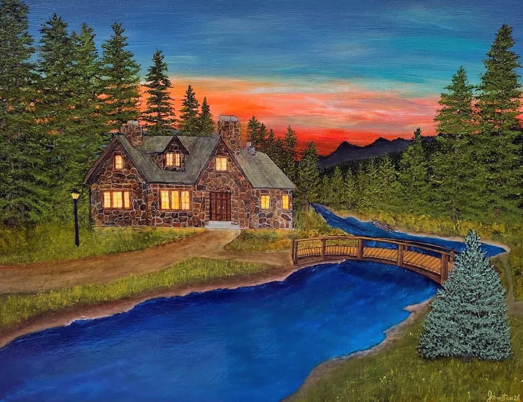 Stone Cottage by River Sunset