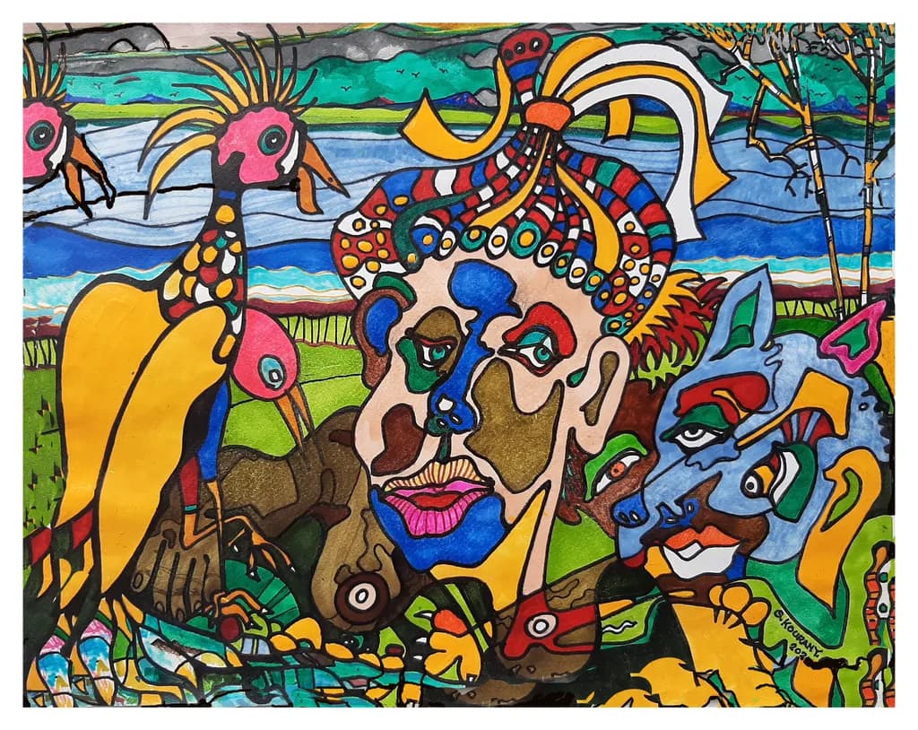 Colorful Figures and Birds