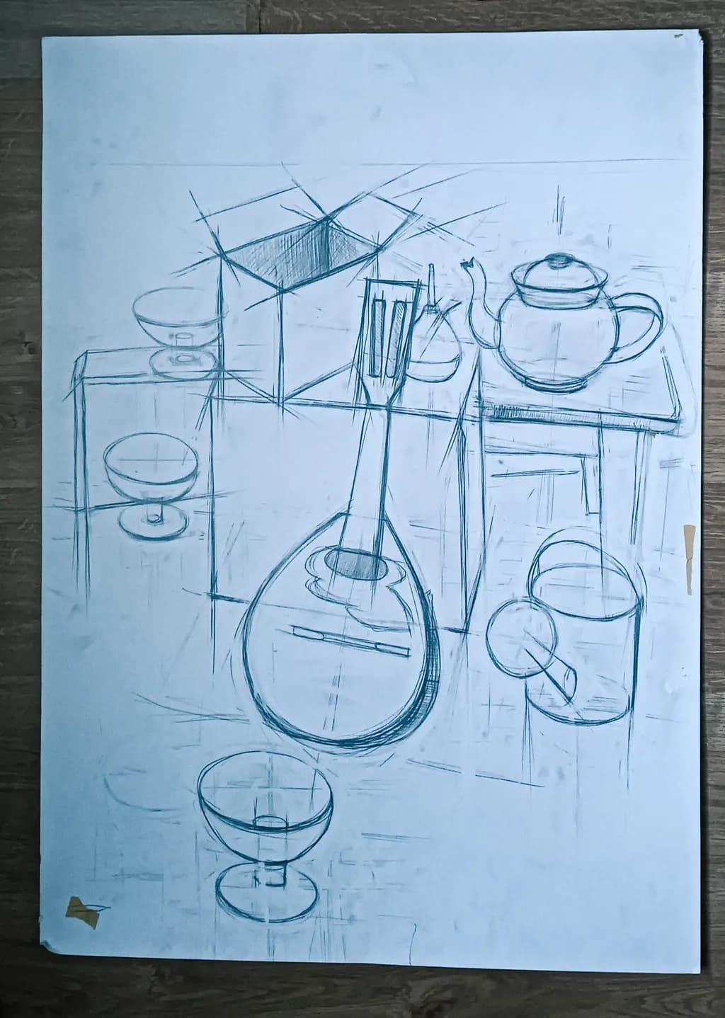 Still Life Sketch with Guitar and Teapot