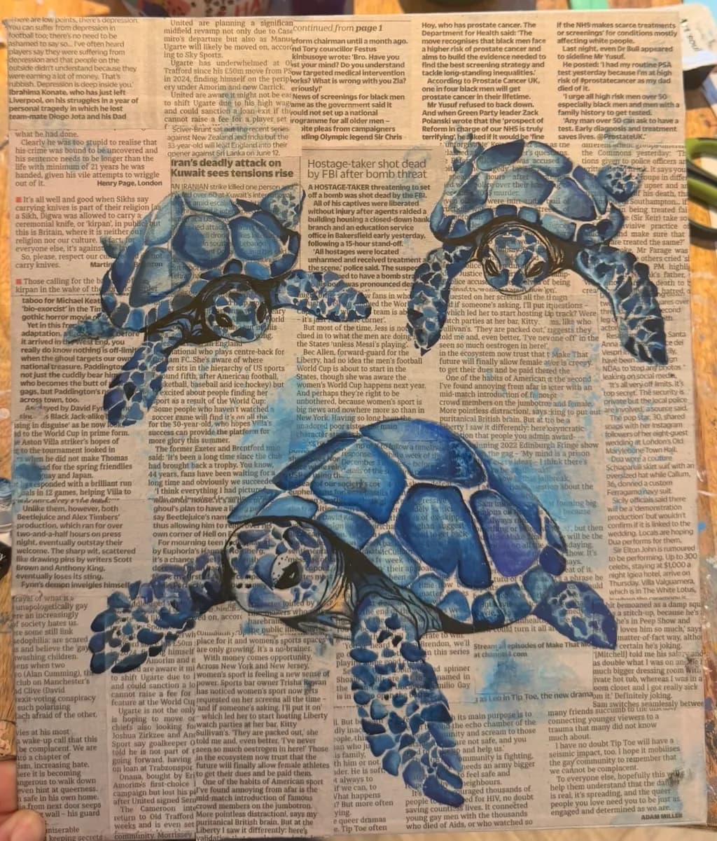 Blue Sea Turtles on Newsprint