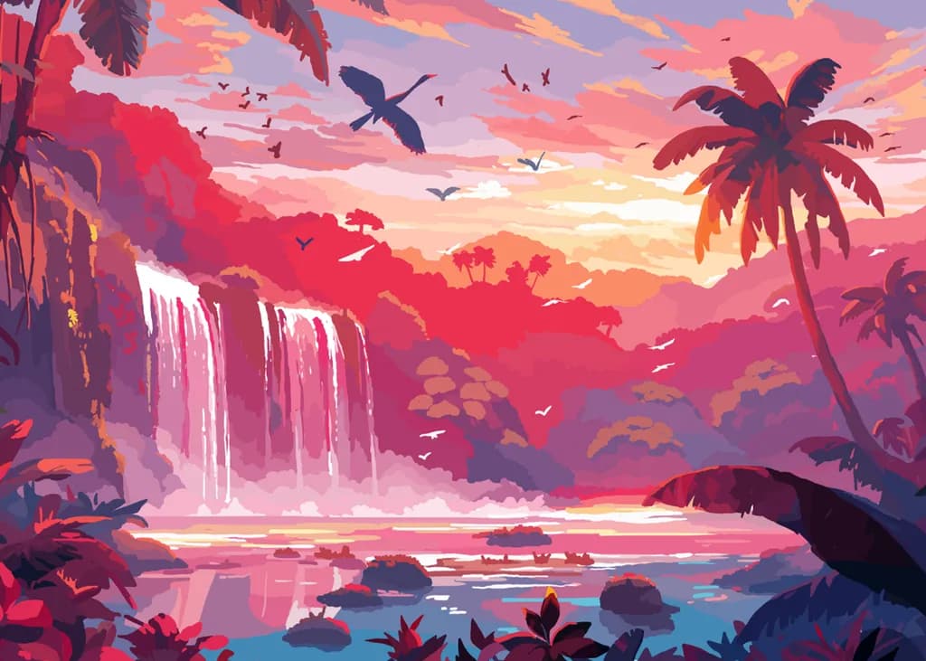 Tropical Waterfall Sunset