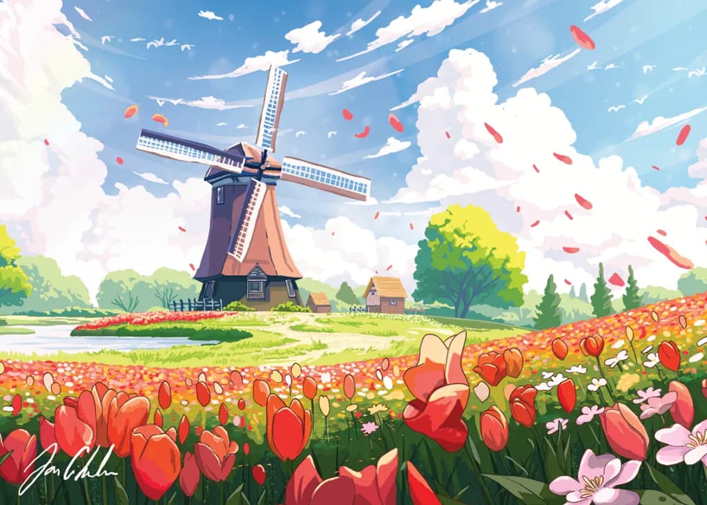 Windmill and Tulip Field