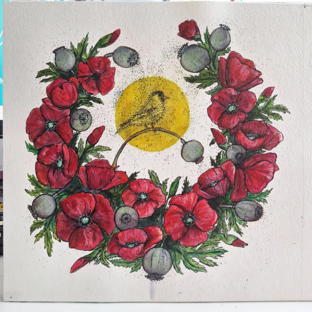 Poppy Wreath with Bird and Sun