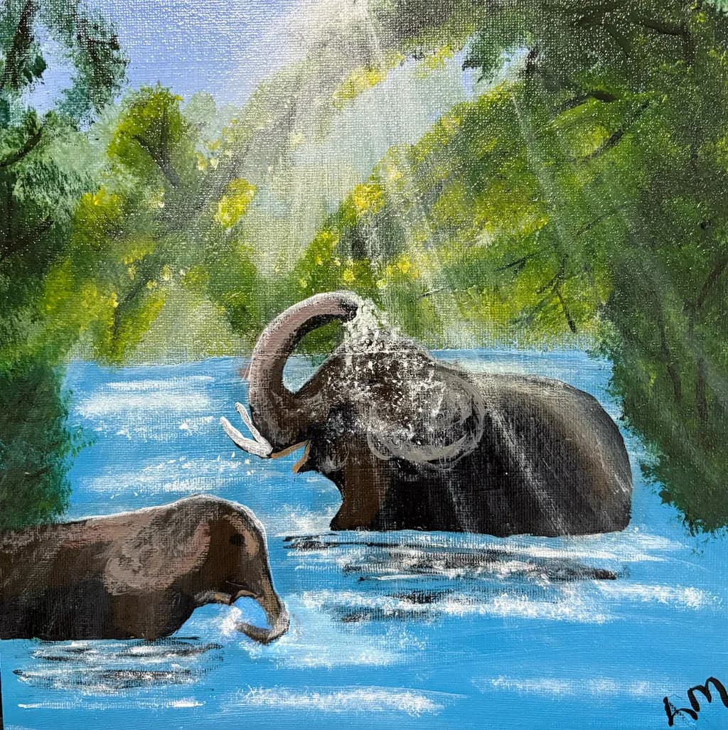 Elephants in River Light