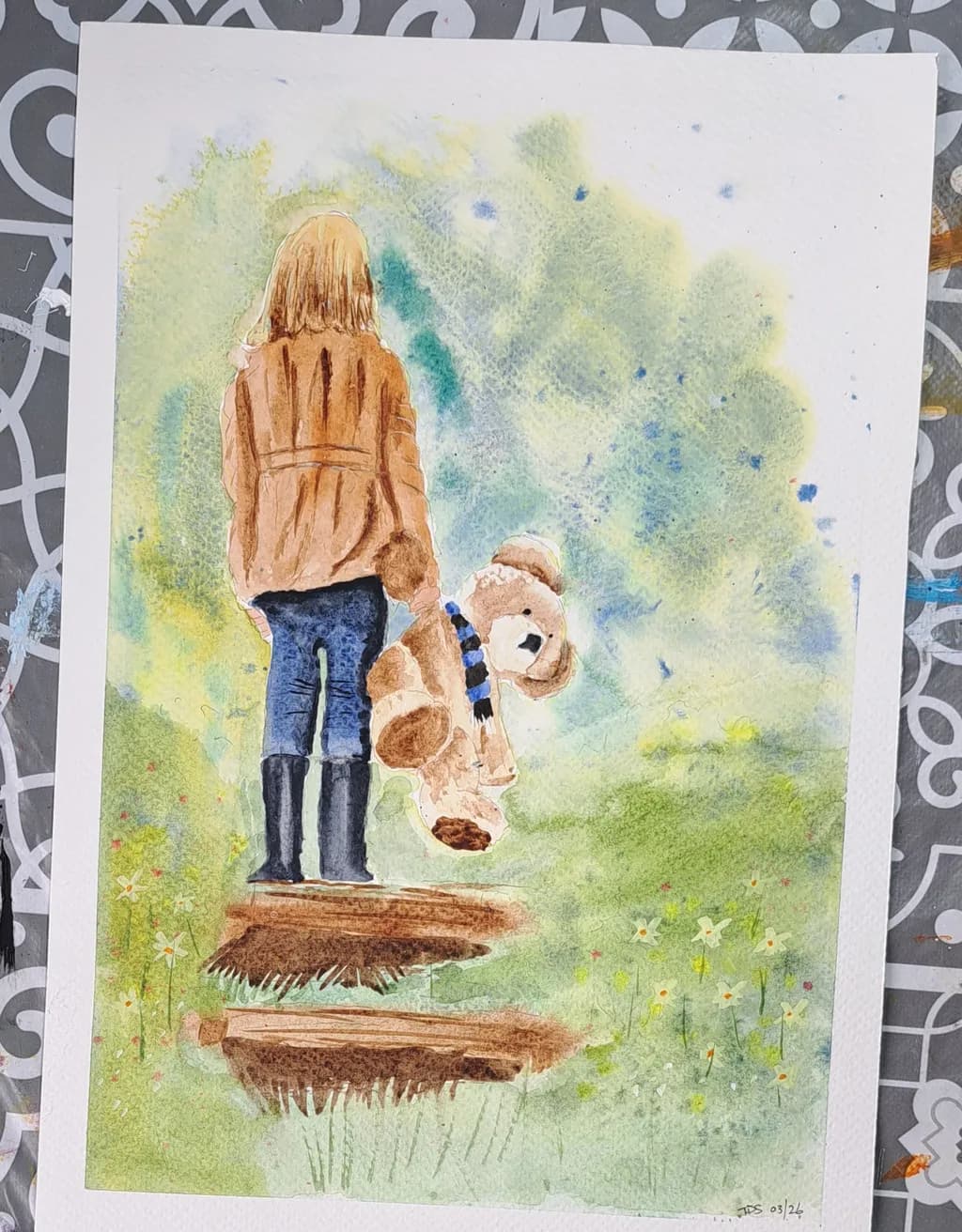 Girl with Teddy in Garden