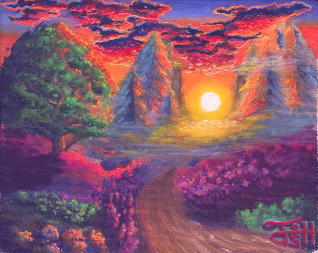 Sunset Path Through Mountains