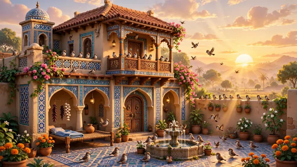 Sunset Courtyard with Birds