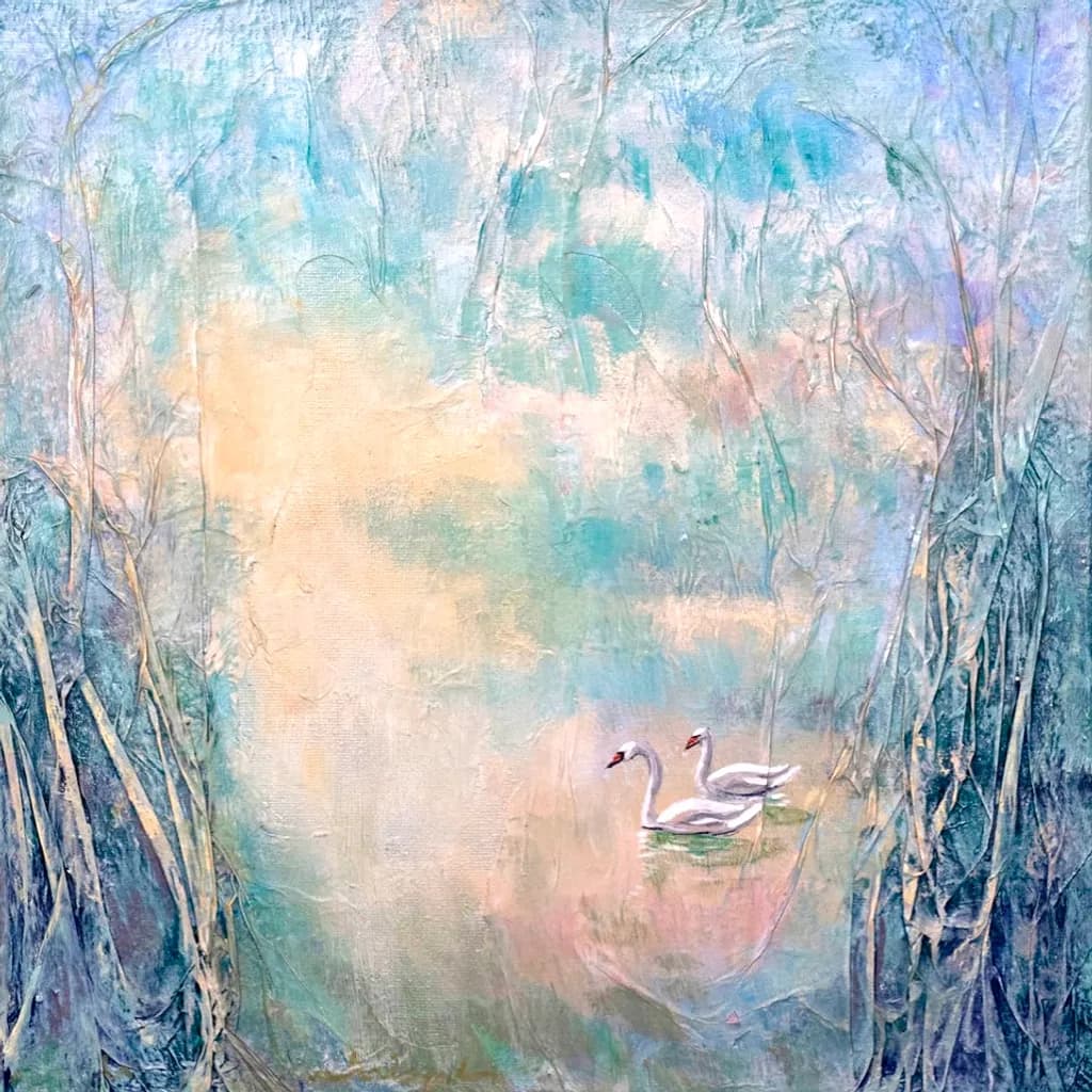 Swans in Misty Woods