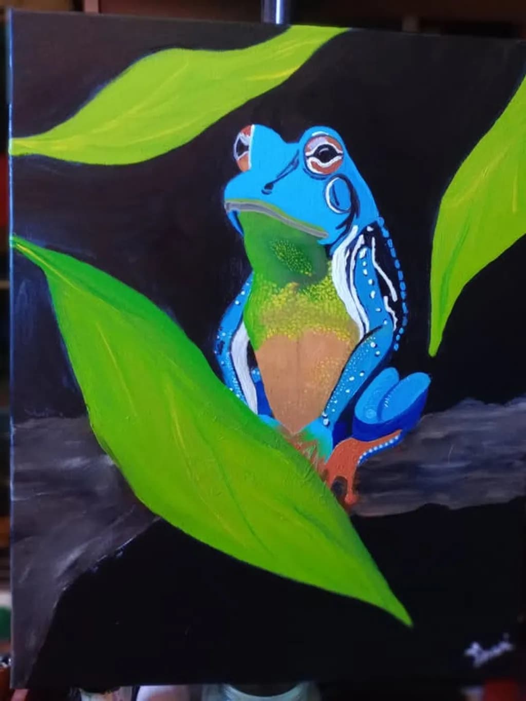 Blue Frog with Leaves