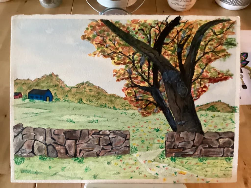 Autumn Tree and Stone Wall