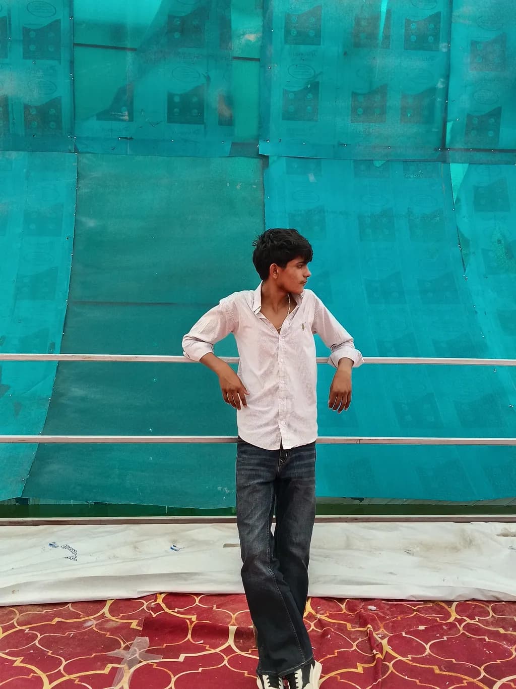 Casual Pose on Patterned Floor