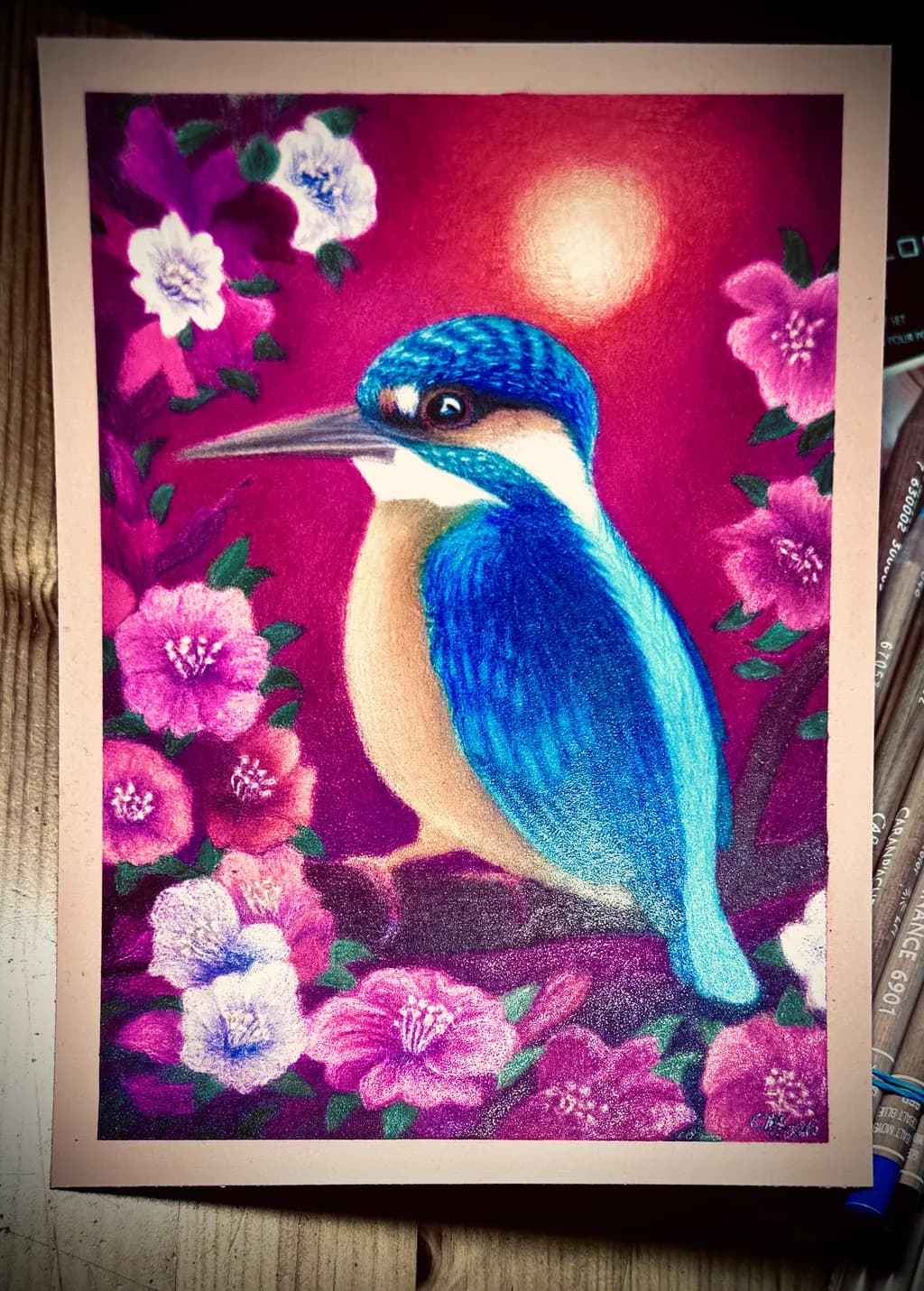 Blue Kingfisher with Blossoms