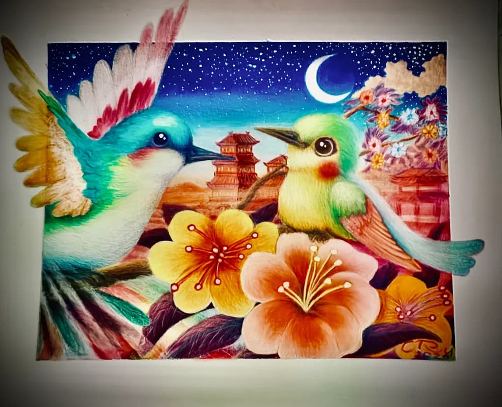 Moonlit Birds and Flowers