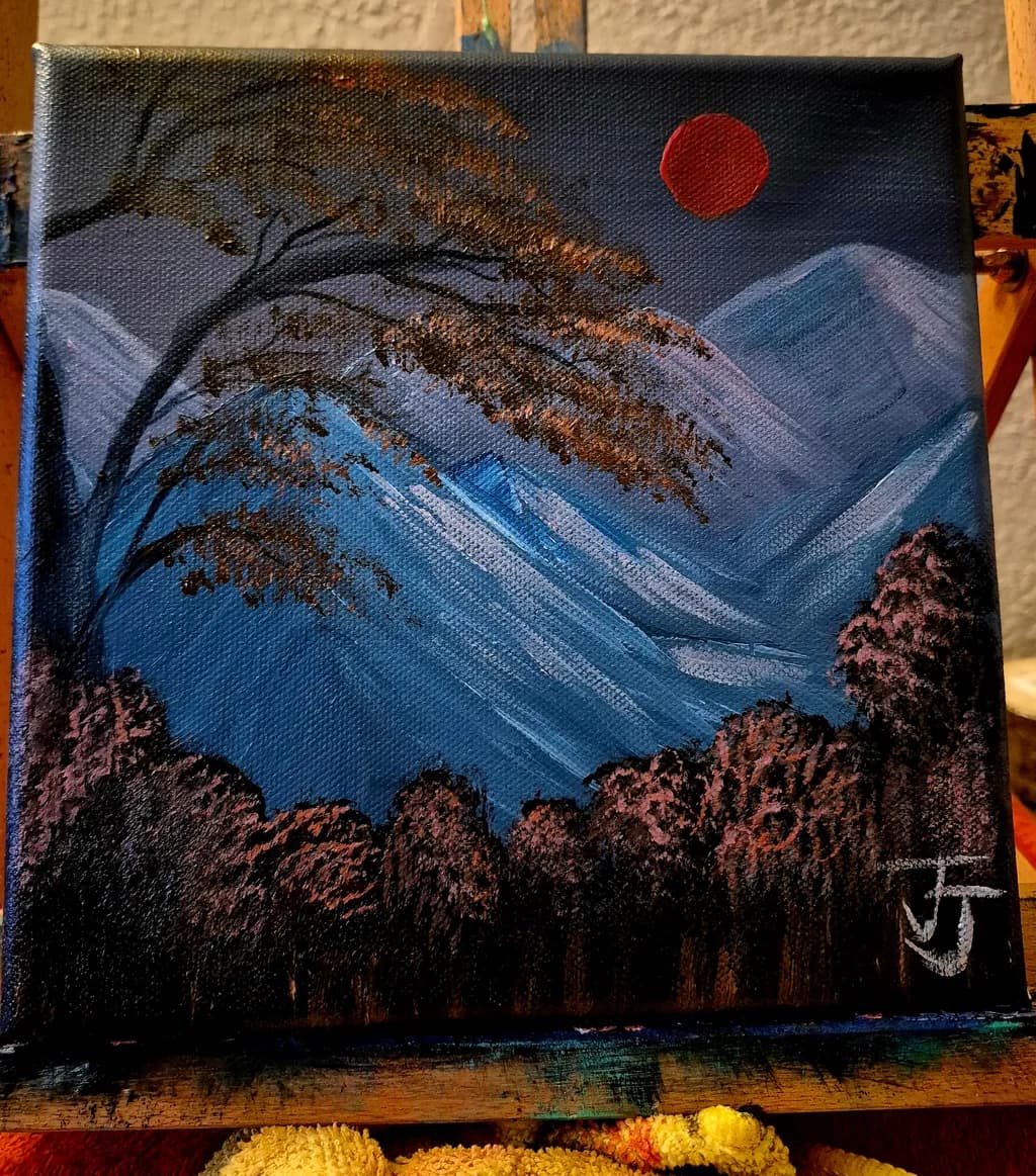Mountain Twilight with Red Moon