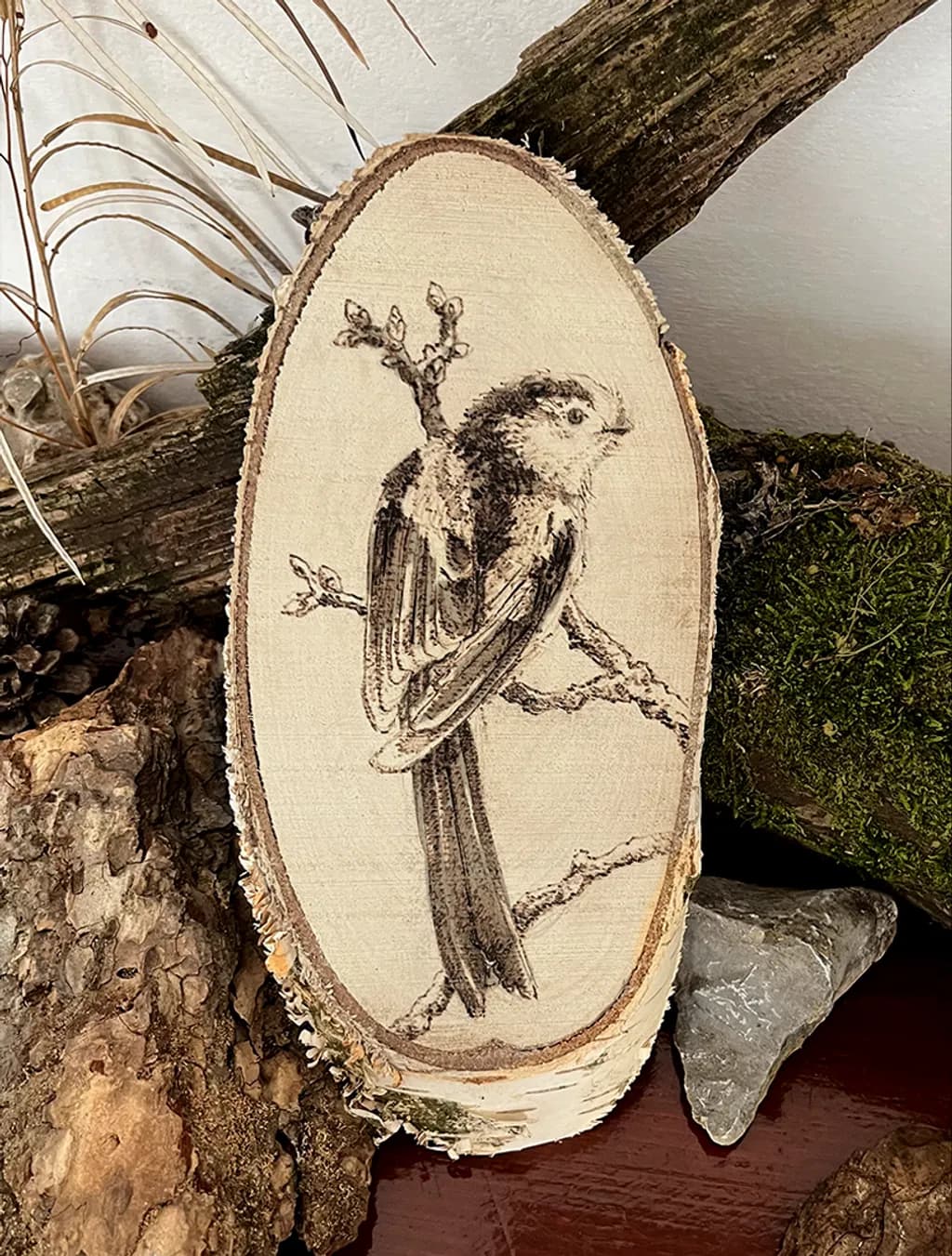 Bird on Branch Woodburning