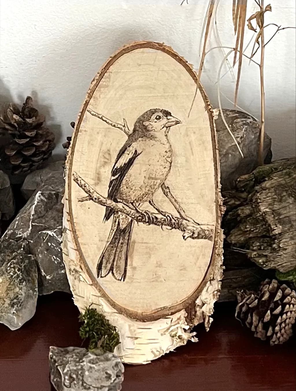 Bird on Branch Woodburning