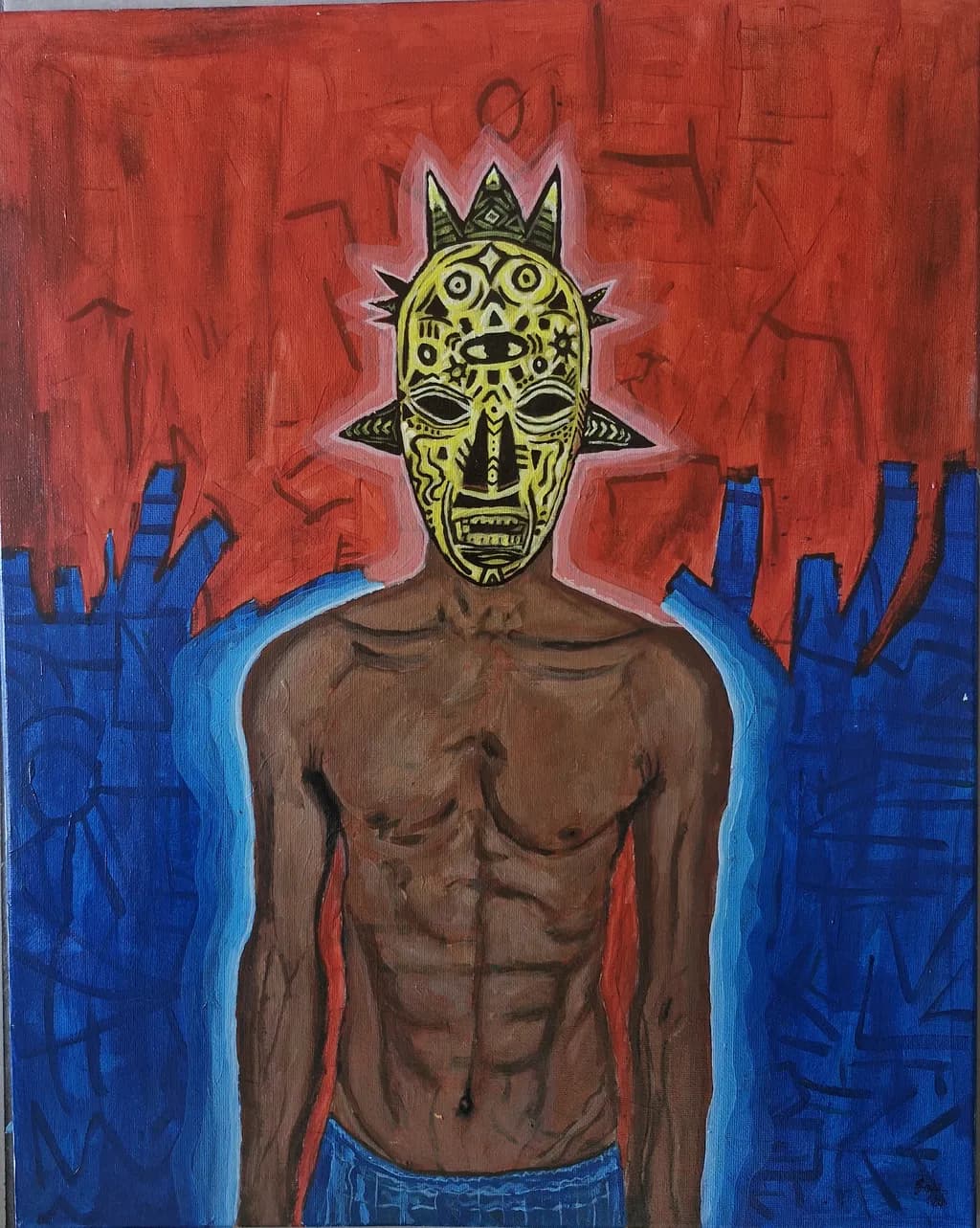 Masked Figure with Blue Curtains