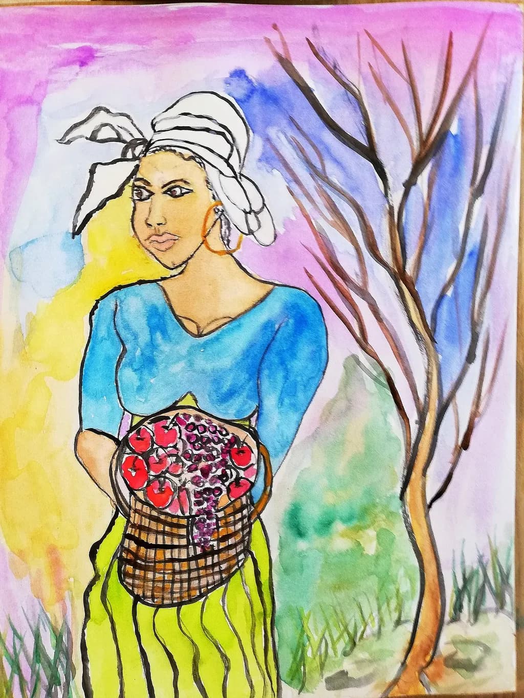 Woman with Fruit Basket and Tree
