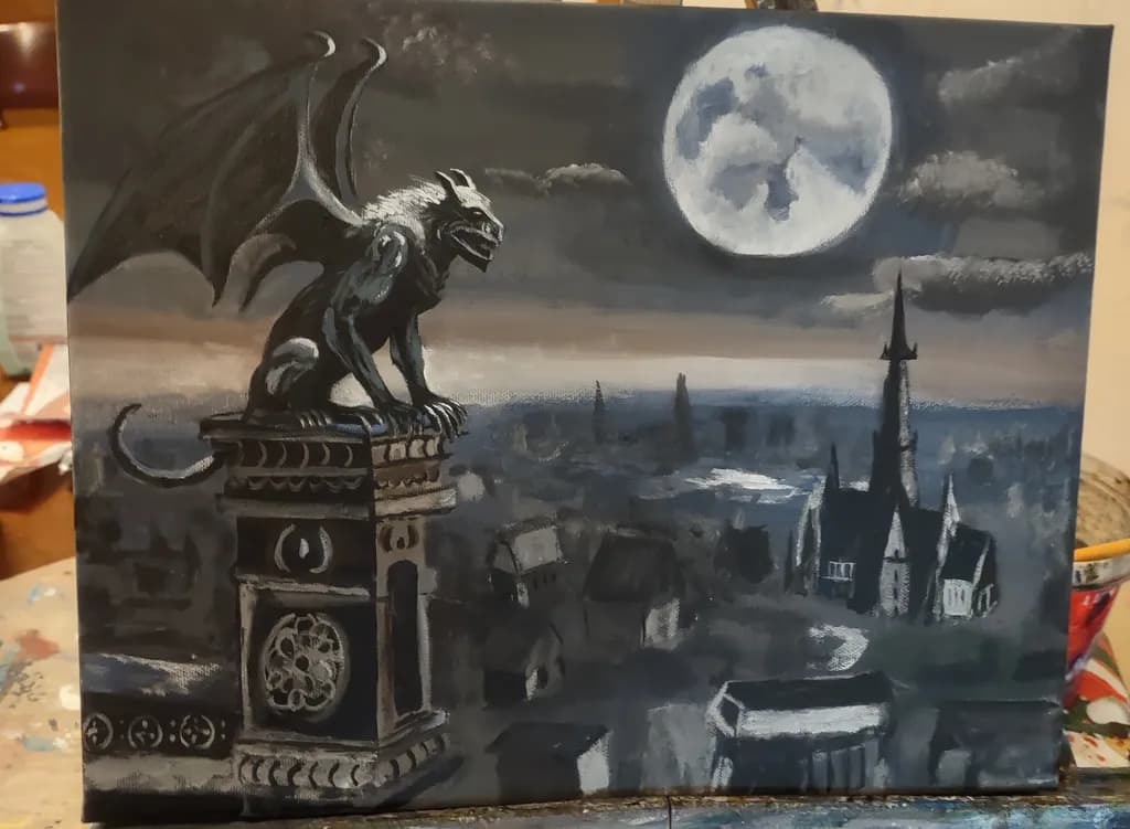 Moonlit Cityscape with Gargoyle