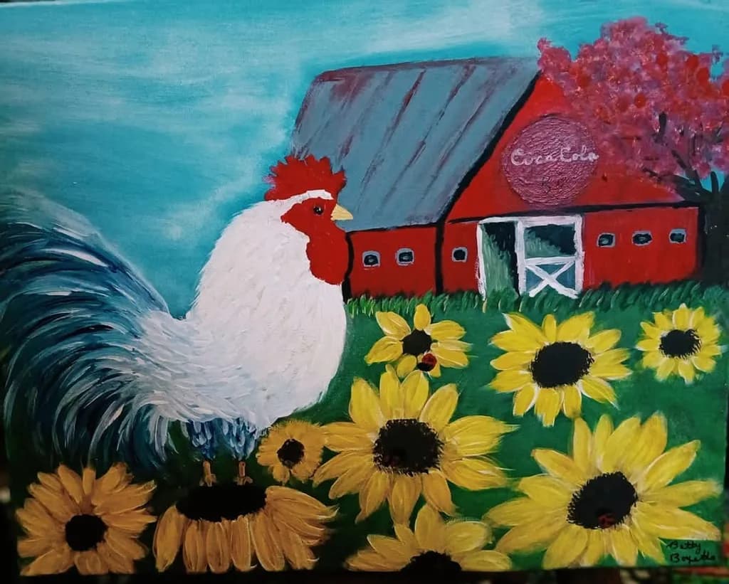 Rooster and Sunflowers by Barn