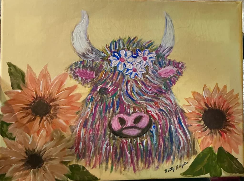 Highland Cow with Sunflowers
