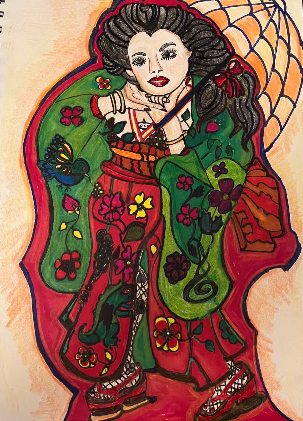 Kimono with Umbrella and Flowers