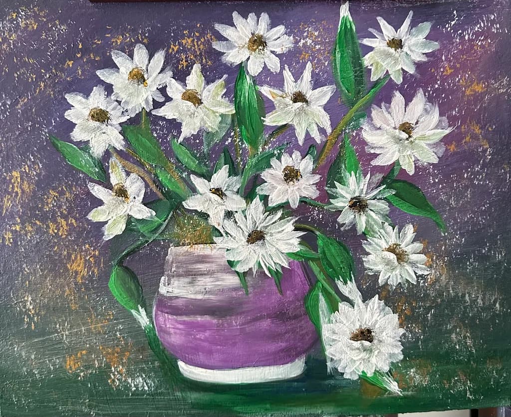 Daisies in Purple Vase