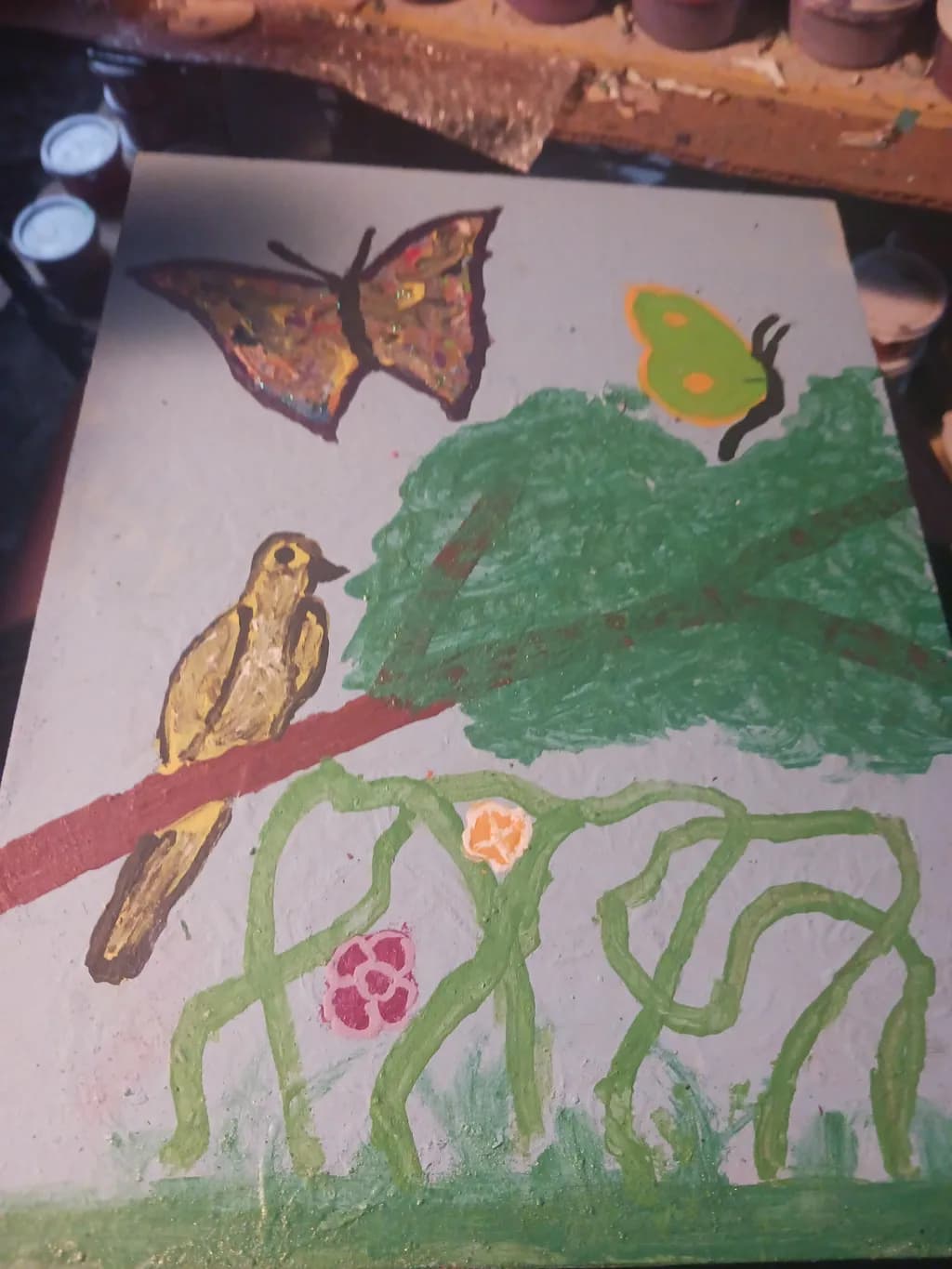 Bird and Butterflies on Branch