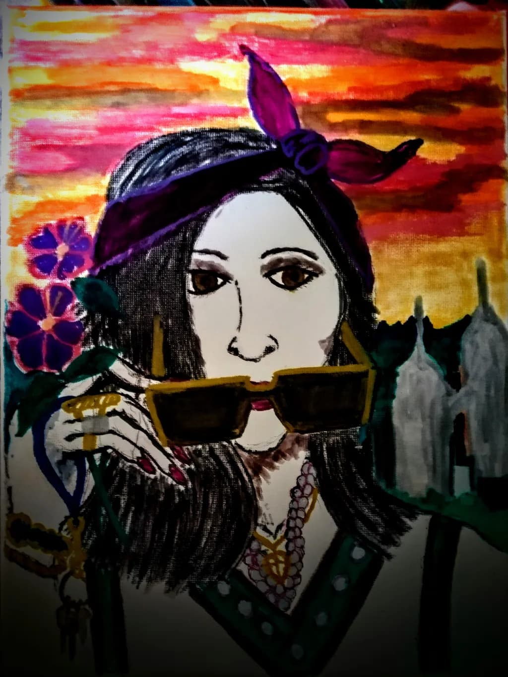 Sunset with Woman and Flowers