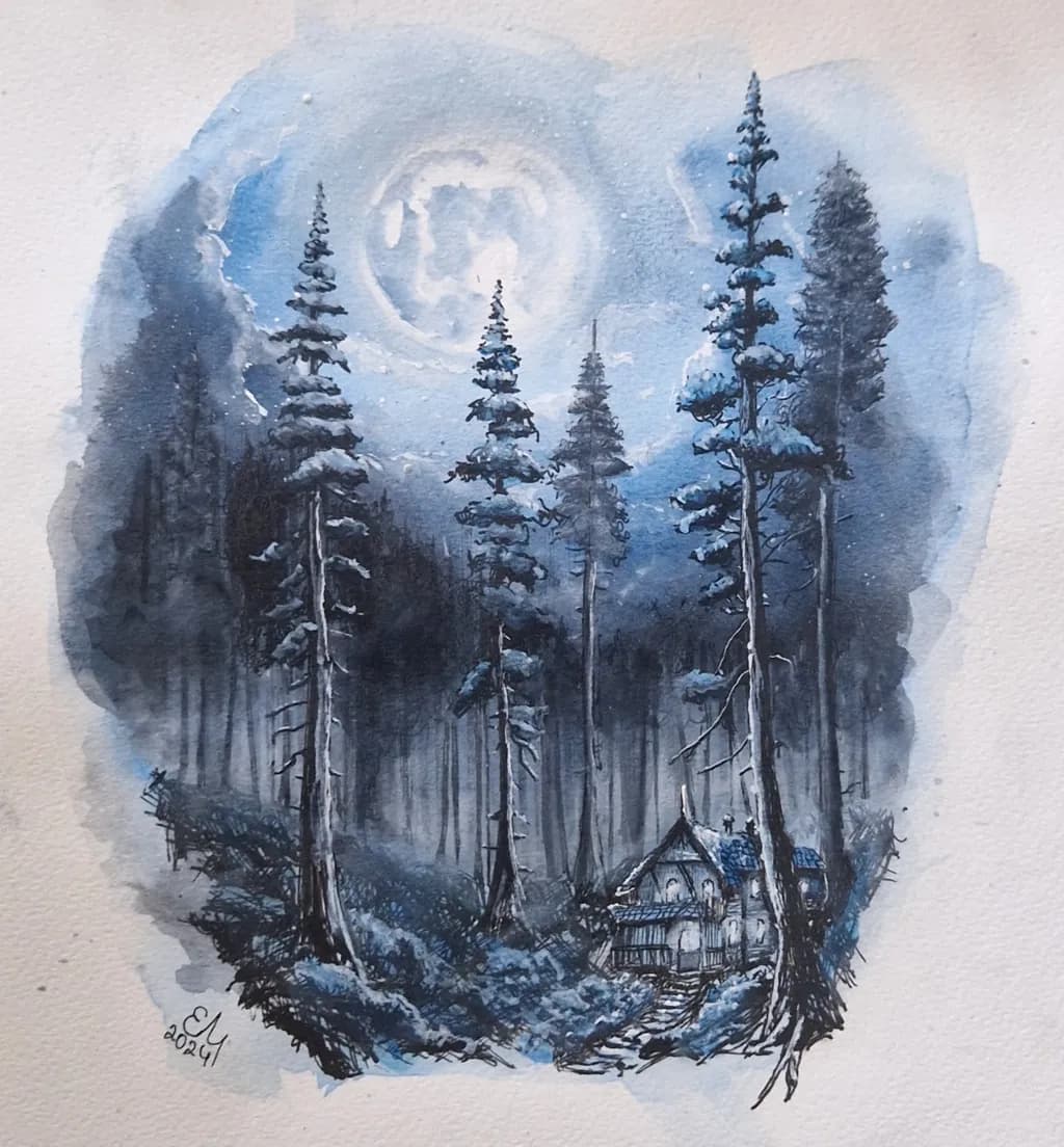 Moonlit Pine Forest Cabin
