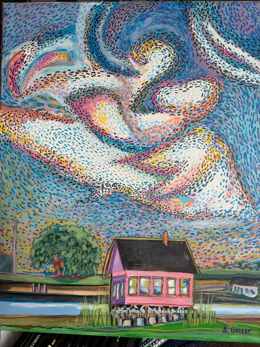 House Under Swirling Clouds