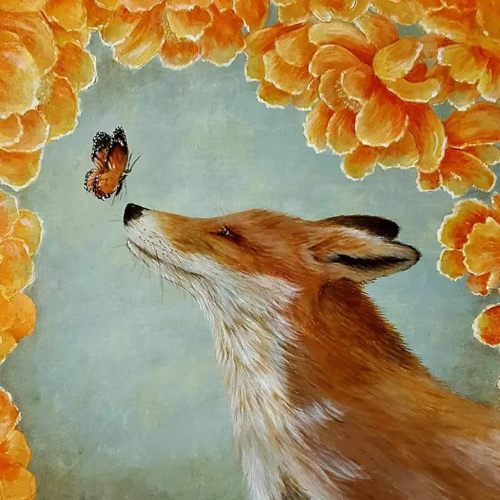 Fox and Butterfly with Flowers