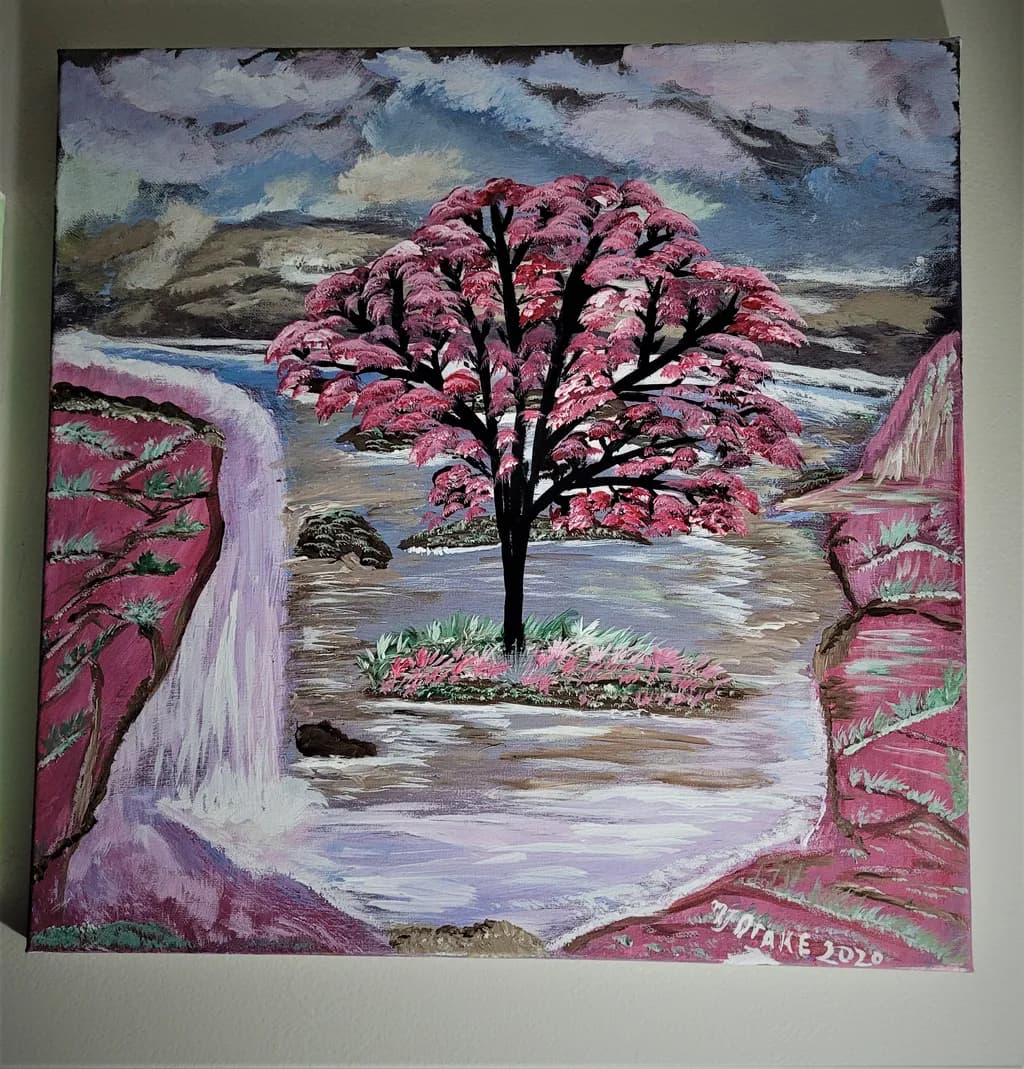 Pink Tree by Waterfall