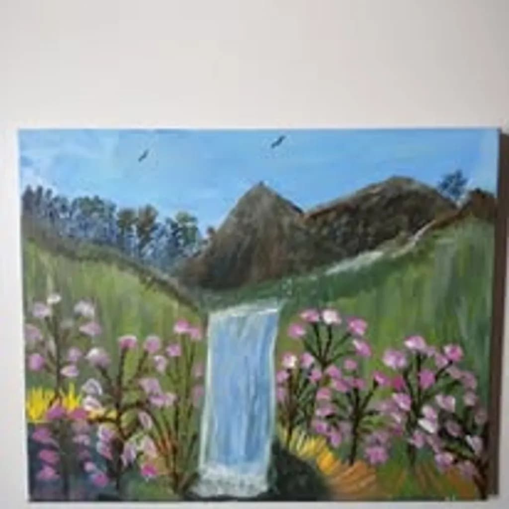 Mountain Waterfall with Flowers