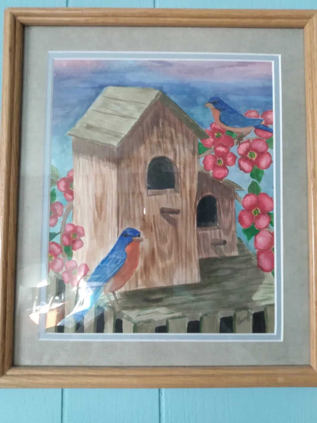 Birdhouse with Bluebirds and Flowers