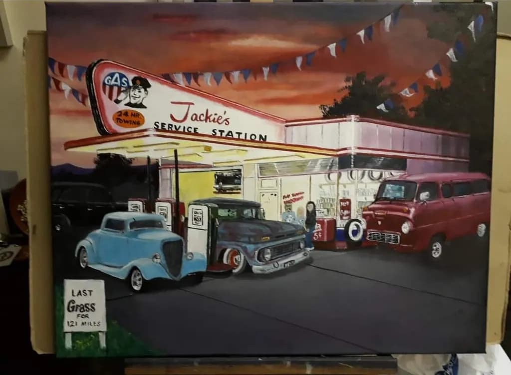 Jackie's Service Station at Dusk