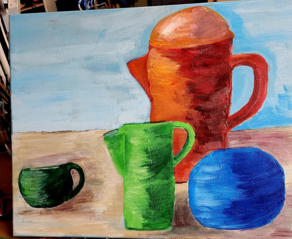 Colorful Pitchers and Cup