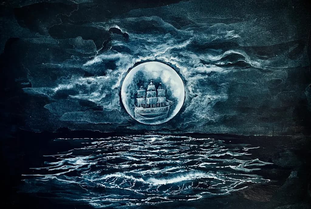 Moonlit Ship at Sea