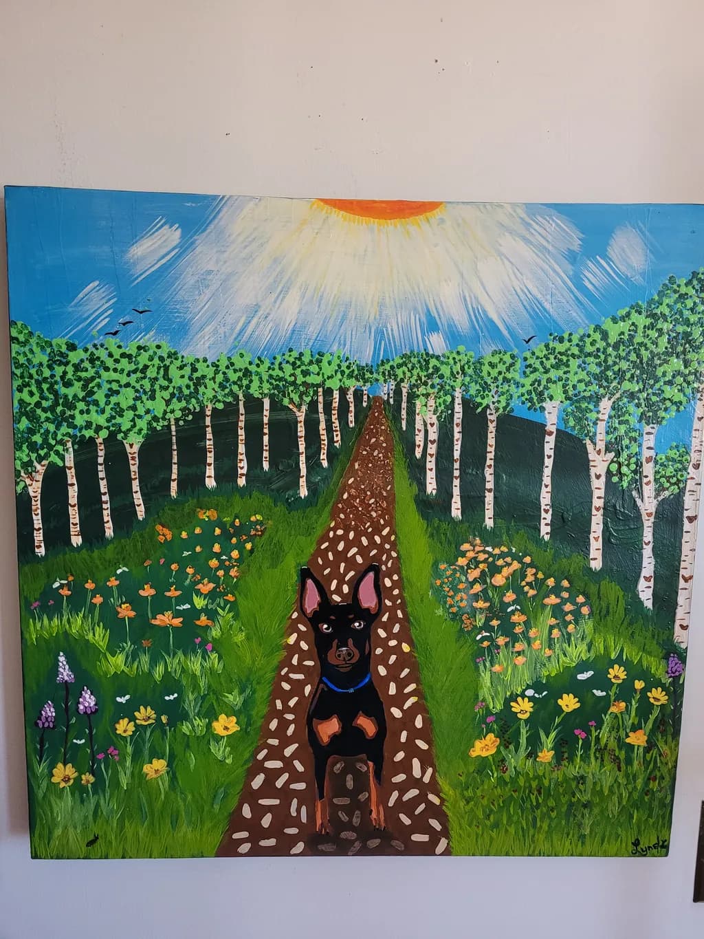Sunlit Forest Path with Dog