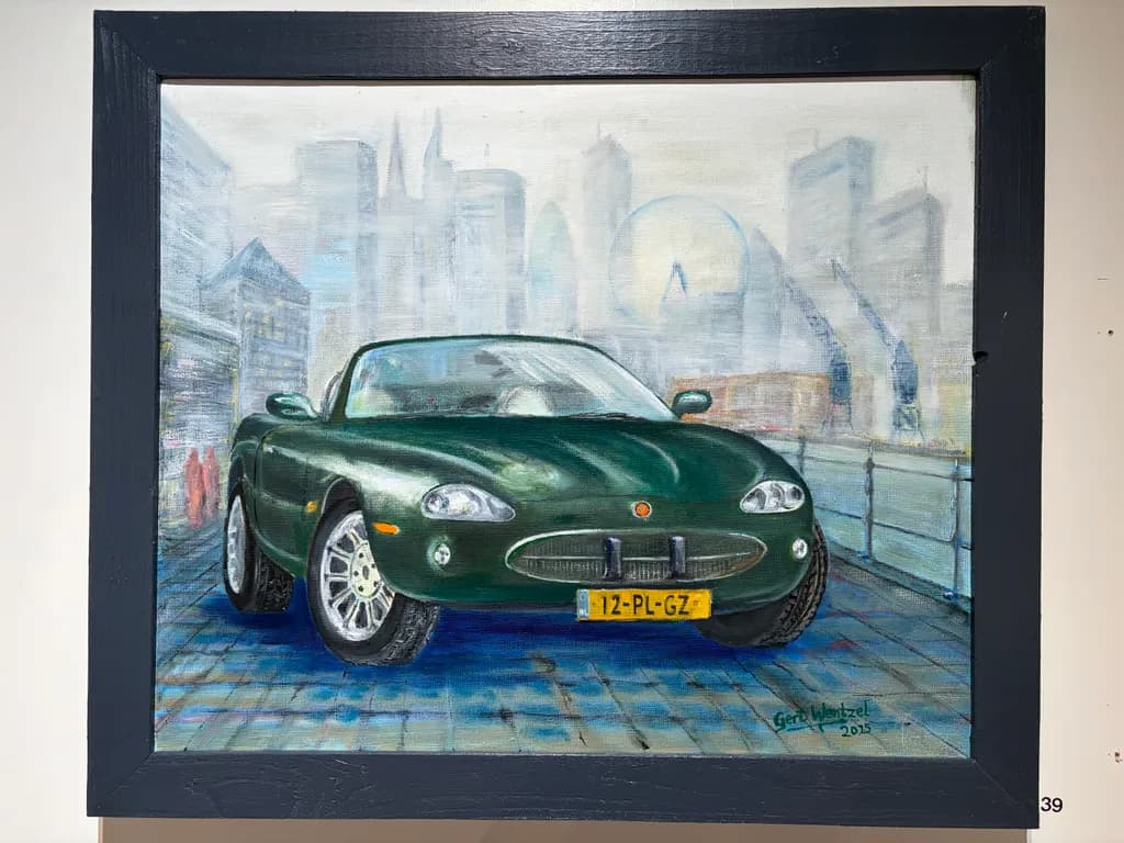 Green Convertible in Cityscape