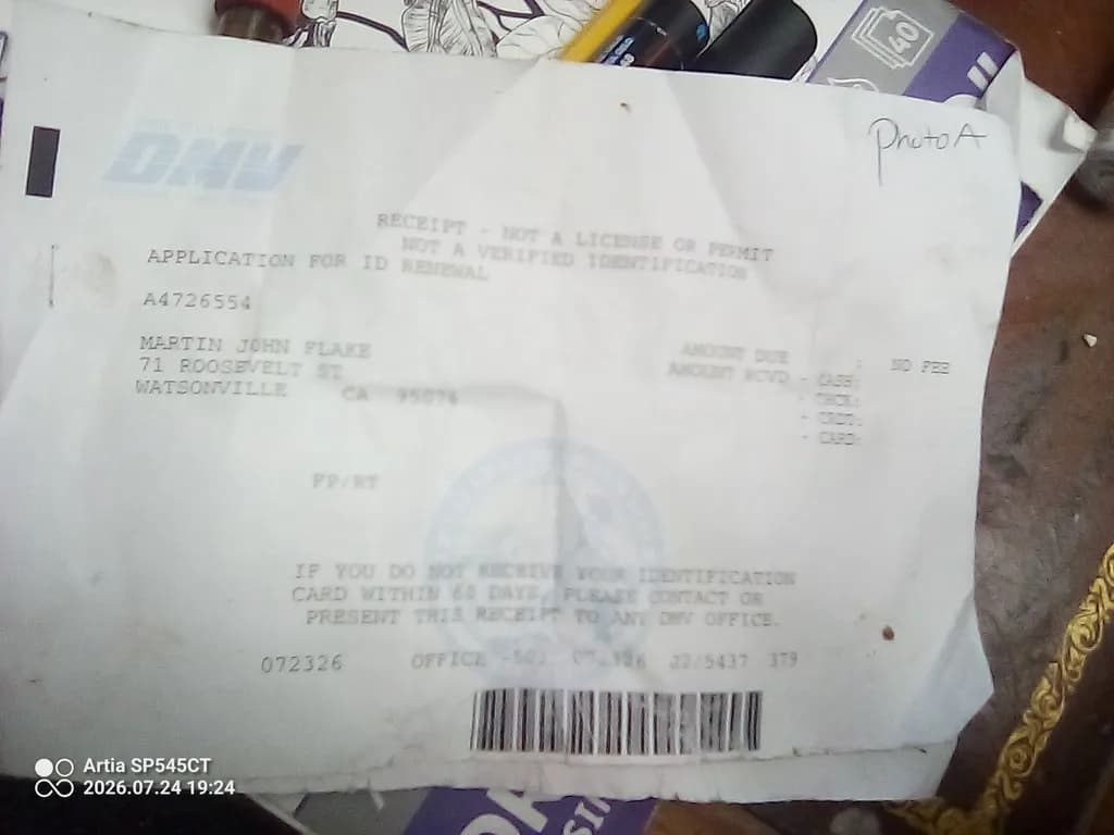 DMV Receipt Document