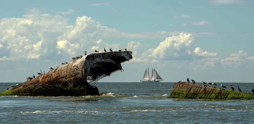 Sea Shipwreck with Sailing Boat