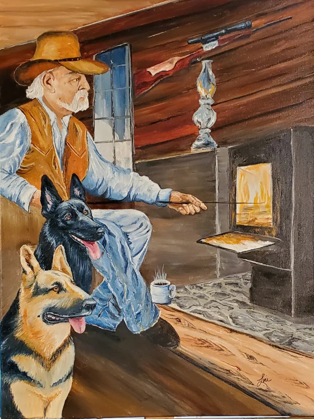 Man by Stove with Dogs
