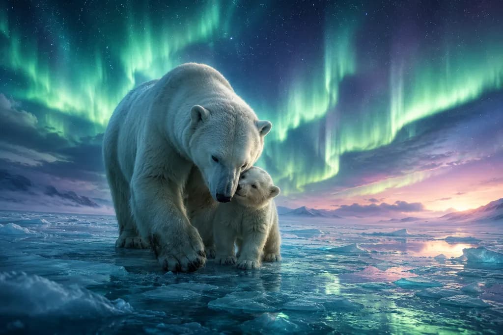 Polar Bears under Aurora